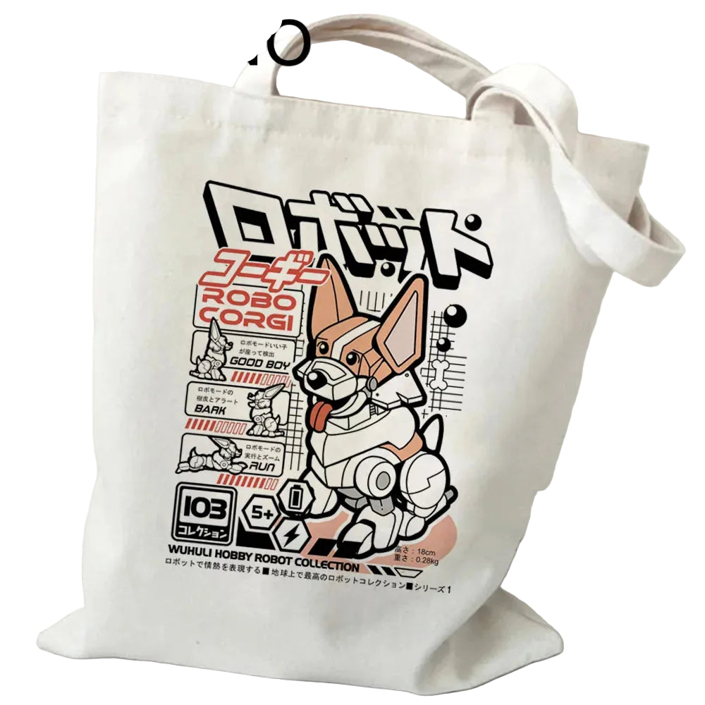 Cream canvas tote bag featuring a robot Corgi graphic with Japanese-style text and long shoulder straps