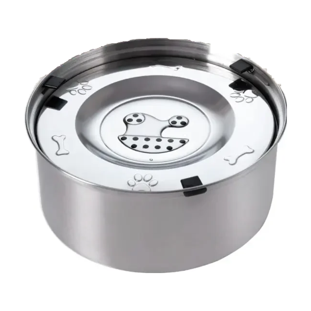 Anti-spill stainless steel dog water bowl with floating disc lid on a white background