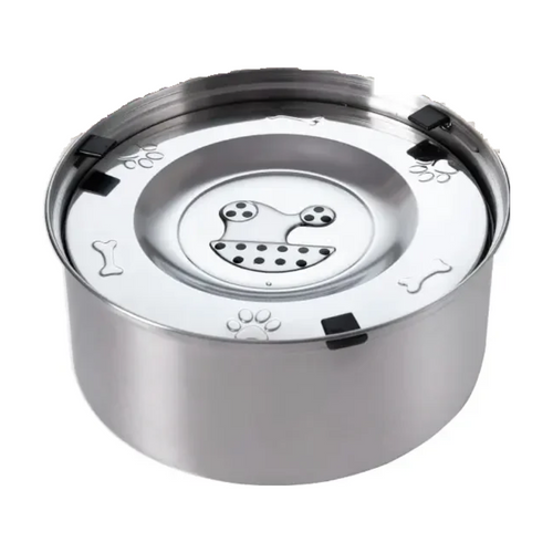 Anti-spill stainless steel dog water bowl with floating disc lid on a white background