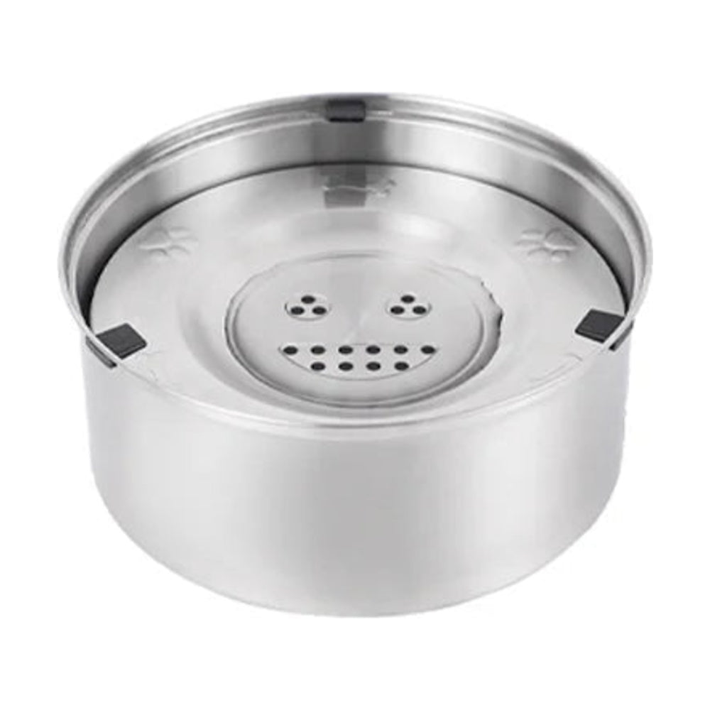 Stainless steel anti-spill dog water bowl with the floating splash guard lid seated inside the rim