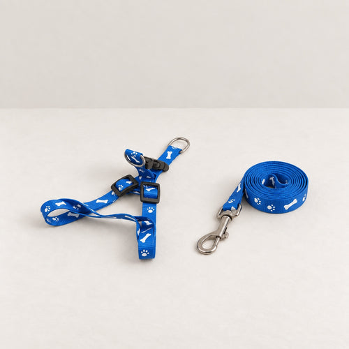 Small blue paw print puppy harness and matching lead with white paw and bone pattern