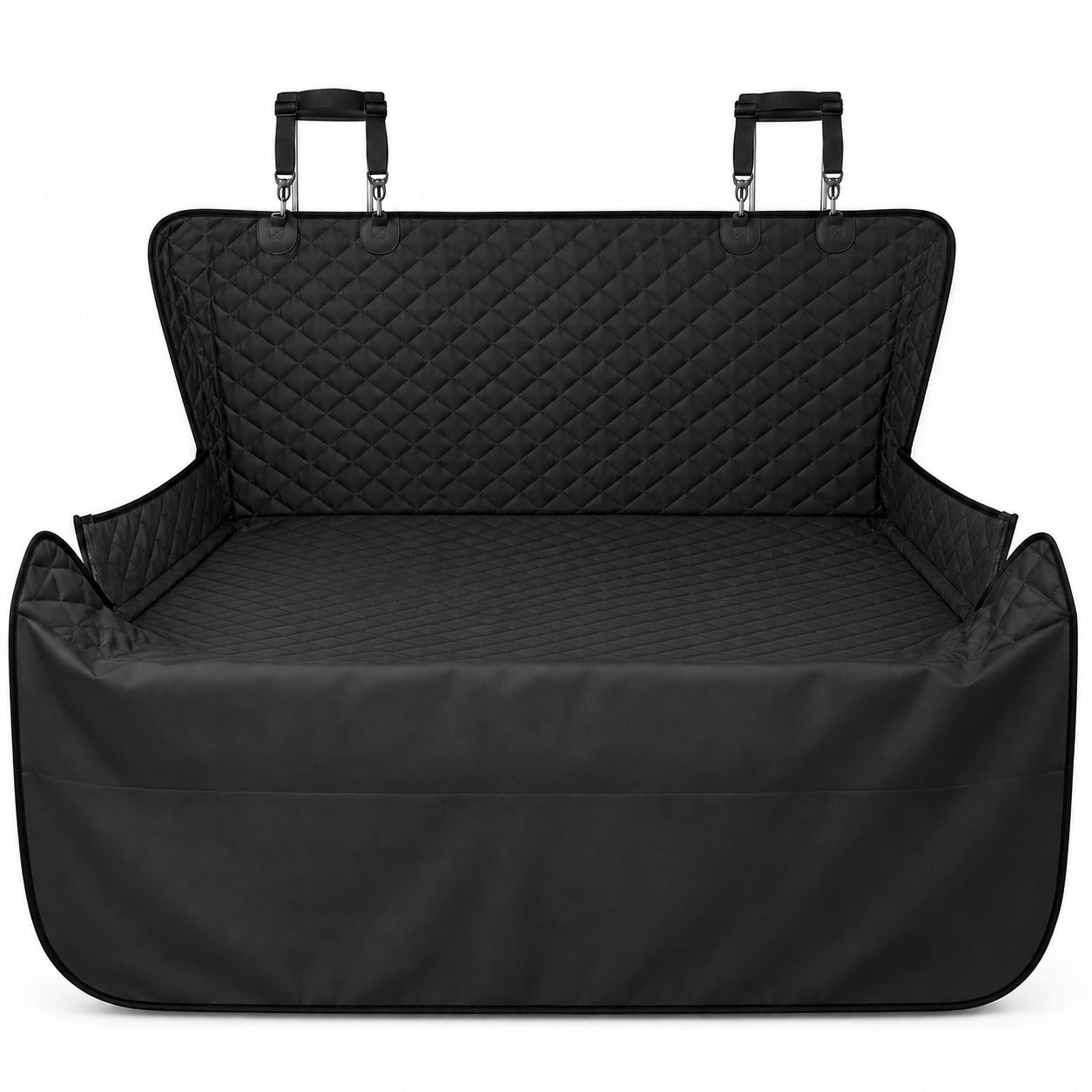 Boot Liner Cover For Dogs, black quilted waterproof car boot liner with raised sides and clip straps, on a white background