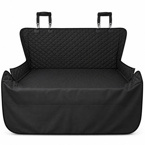 Boot Liner Cover For Dogs, black quilted waterproof car boot liner with raised sides and clip straps, on a white background