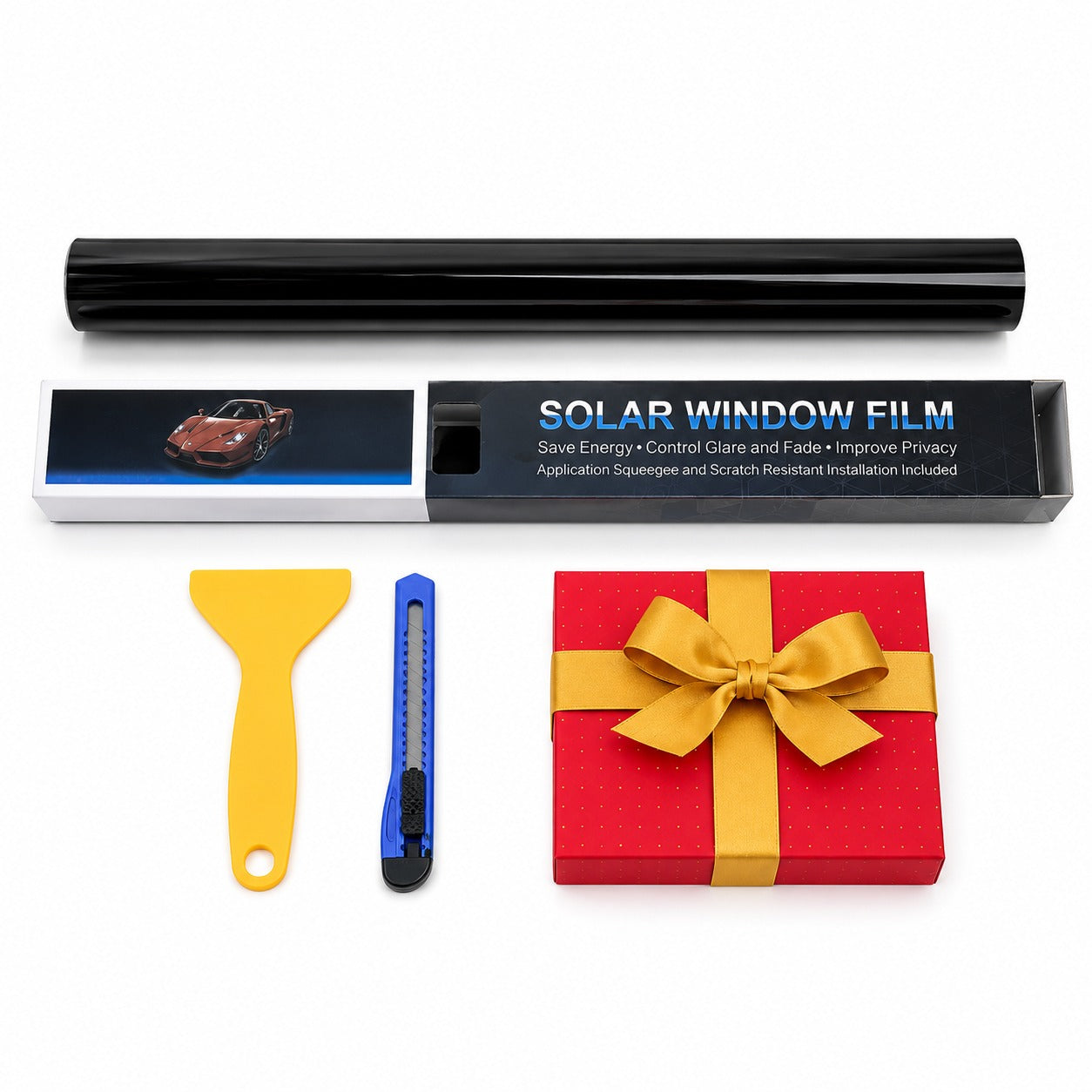 Car Window UV Film Protector kit, tint film roll, boxed kit, yellow squeegee and cutting knife, on a white background