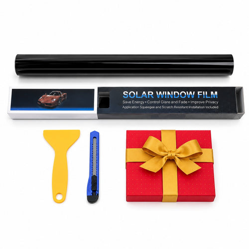 Car Window UV Film Protector kit, tint film roll, boxed kit, yellow squeegee and cutting knife, on a white background