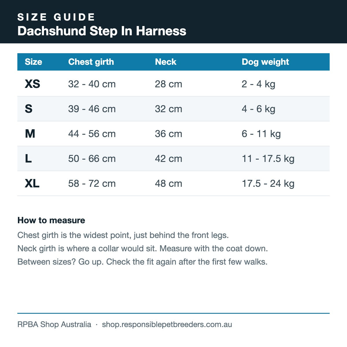 Dachshund step in harness size guide showing chest girth, neck and dog weight in centimetres and kilograms for sizes XS to XL