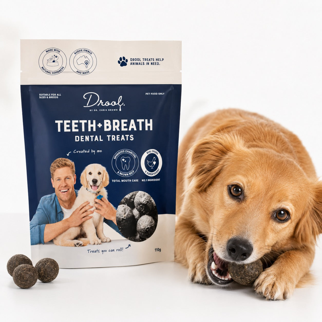Dental Breath Balls for Dogs 110g, Drool Teeth and Breath dental treats pouch, on a white background