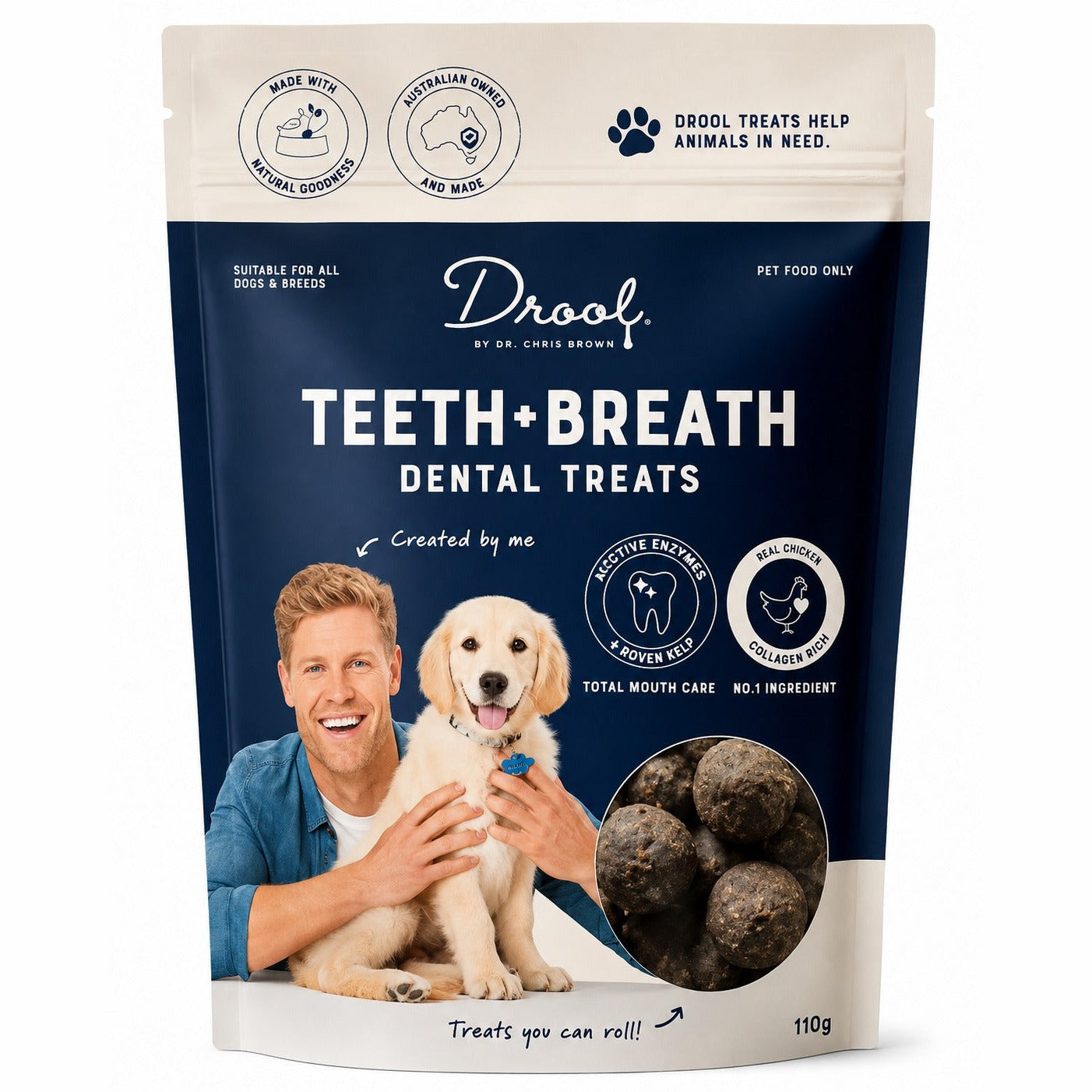 Dental Breath Balls for Dogs 110g, Drool Teeth and Breath dental treats pouch, on a white background