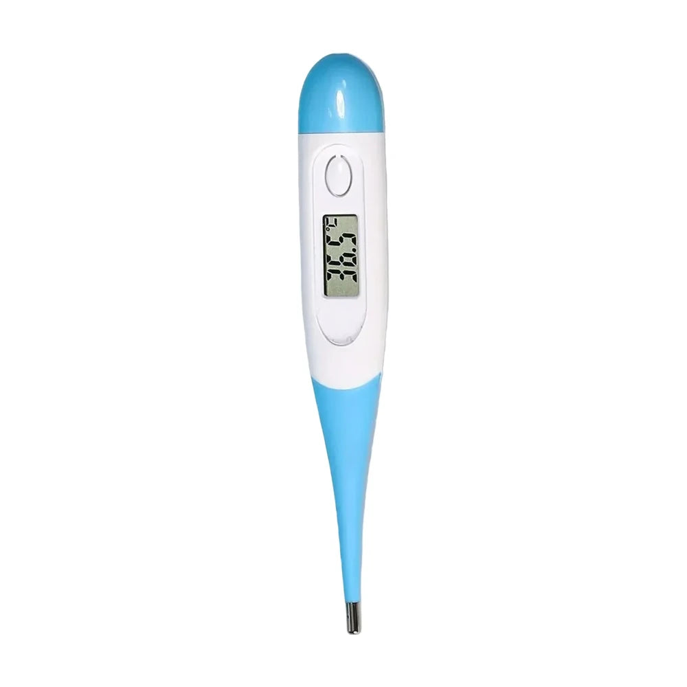 Blue and white digital pet thermometer with LCD temperature display and metal probe tip