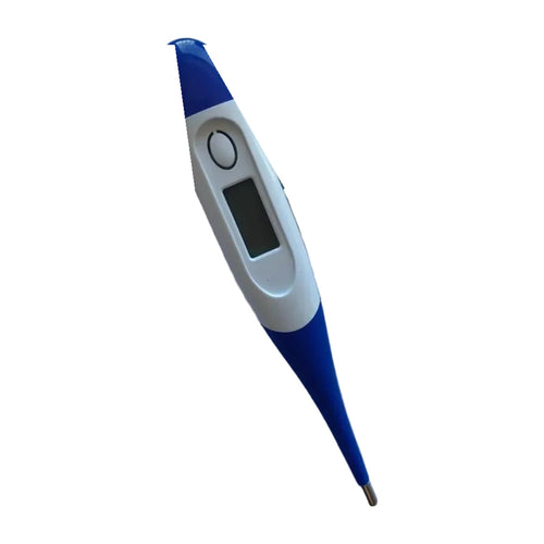 Blue and white digital pet thermometer with LCD temperature display, power button and metal probe tip
