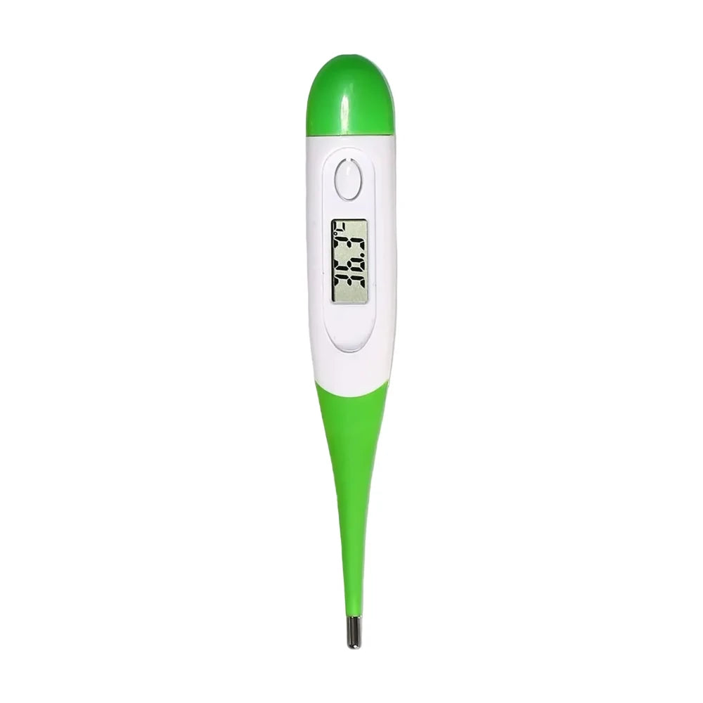 Green and white digital pet thermometer with LCD temperature display and metal probe tip