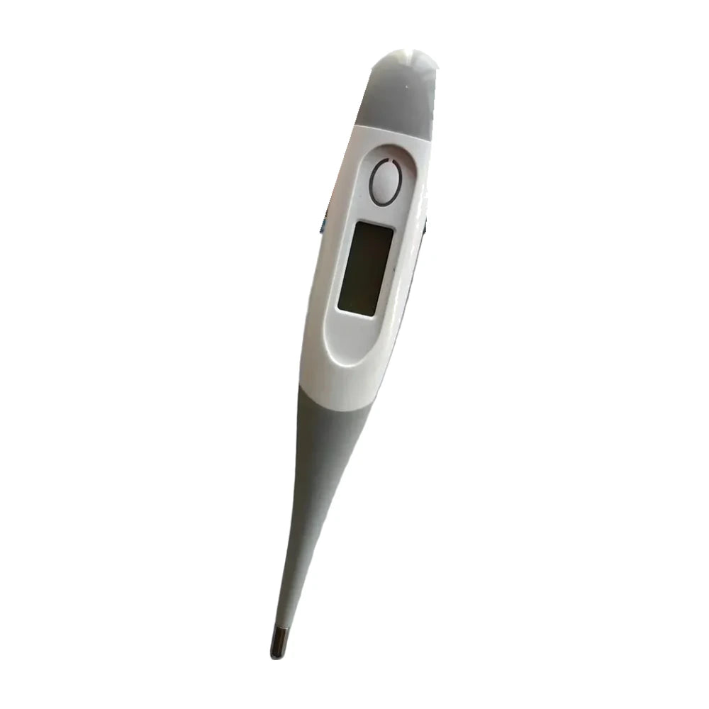 Grey and white digital pet thermometer with LCD temperature display and metal probe tip