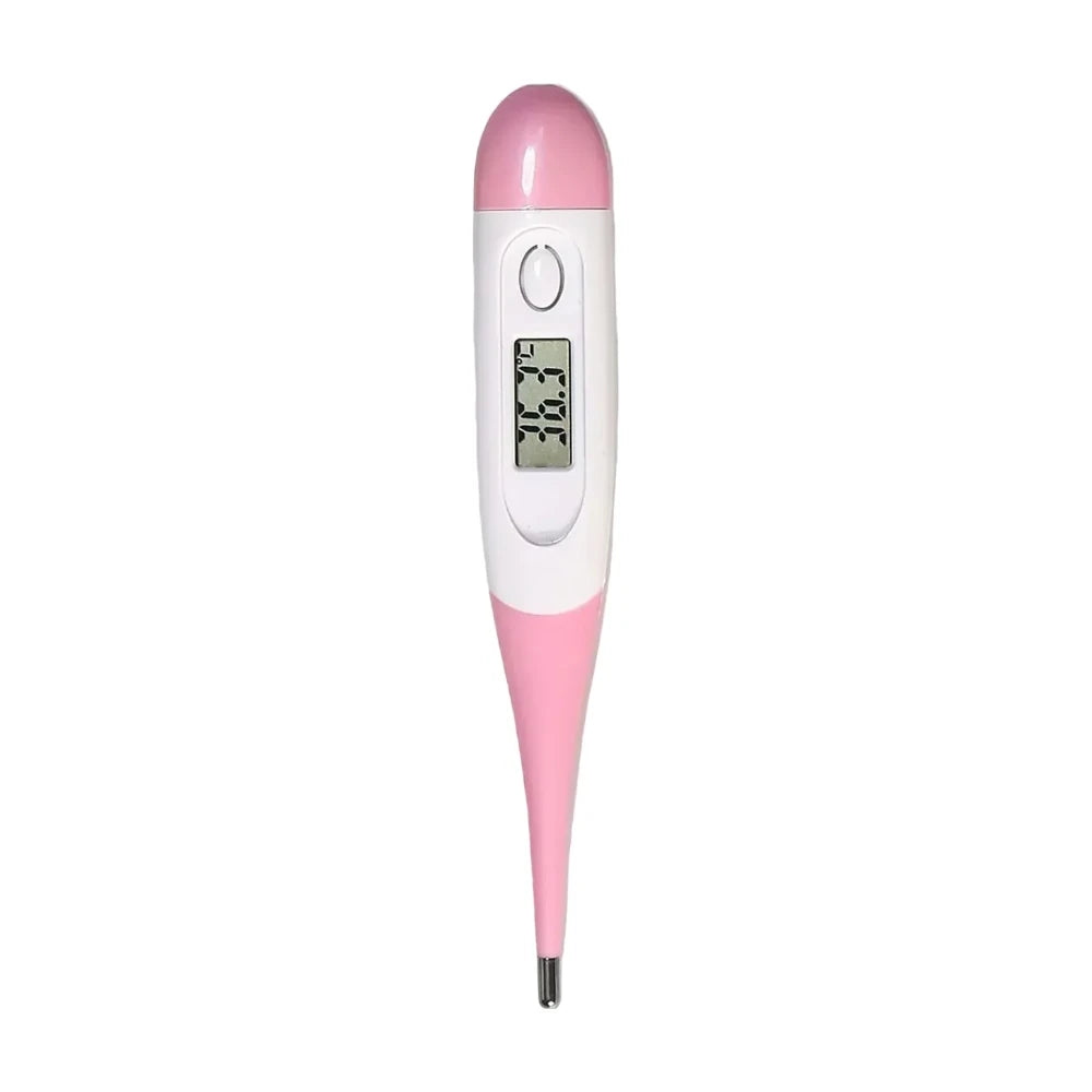 Pink and white digital pet thermometer with LCD temperature display and metal probe tip