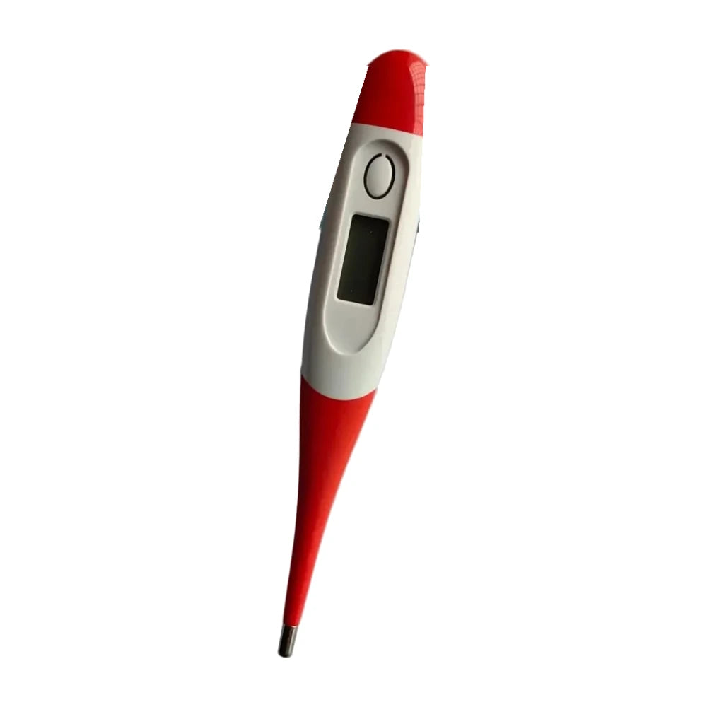 Red and white digital pet thermometer with LCD temperature display and metal probe tip