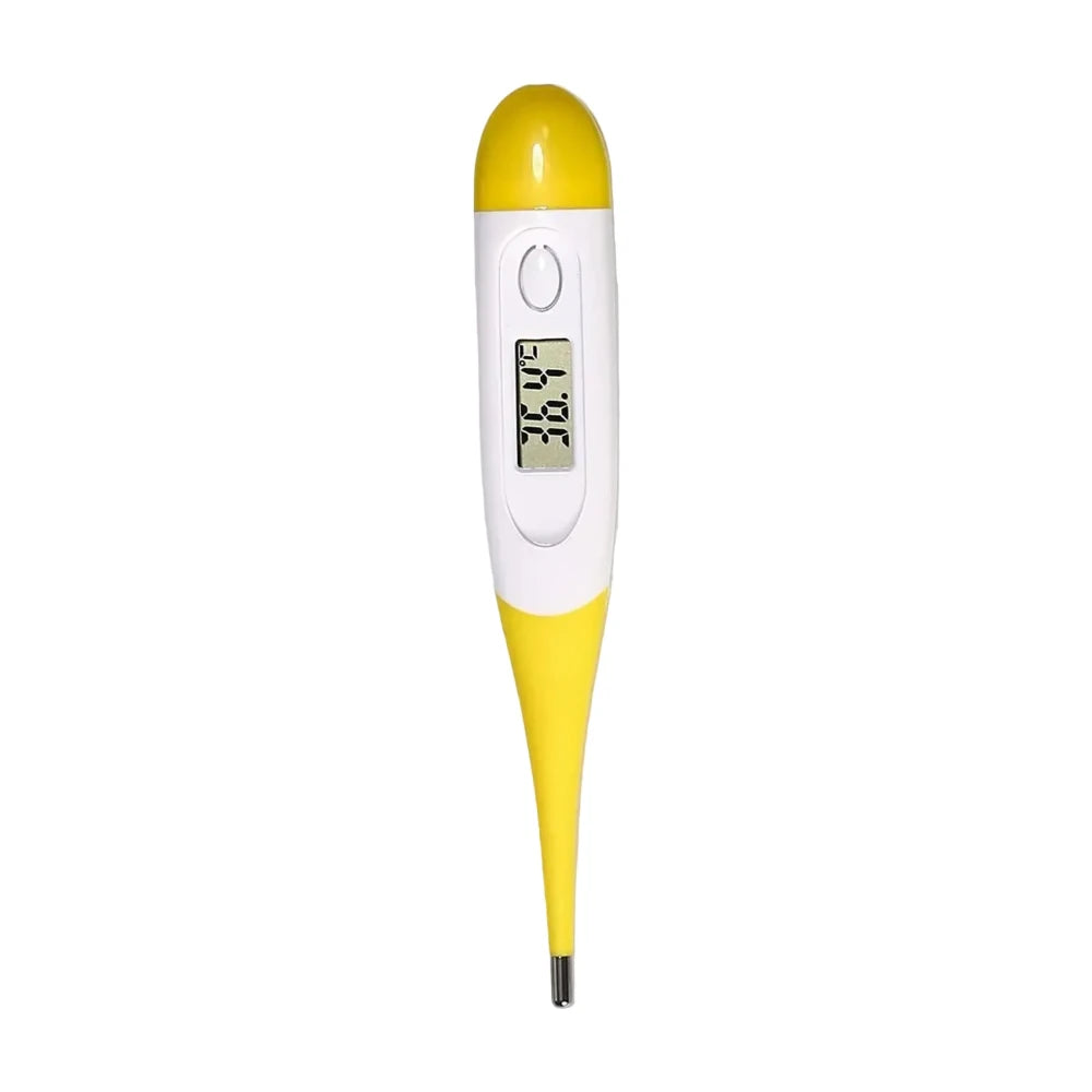 Yellow and white digital pet thermometer with LCD temperature display and metal probe tip