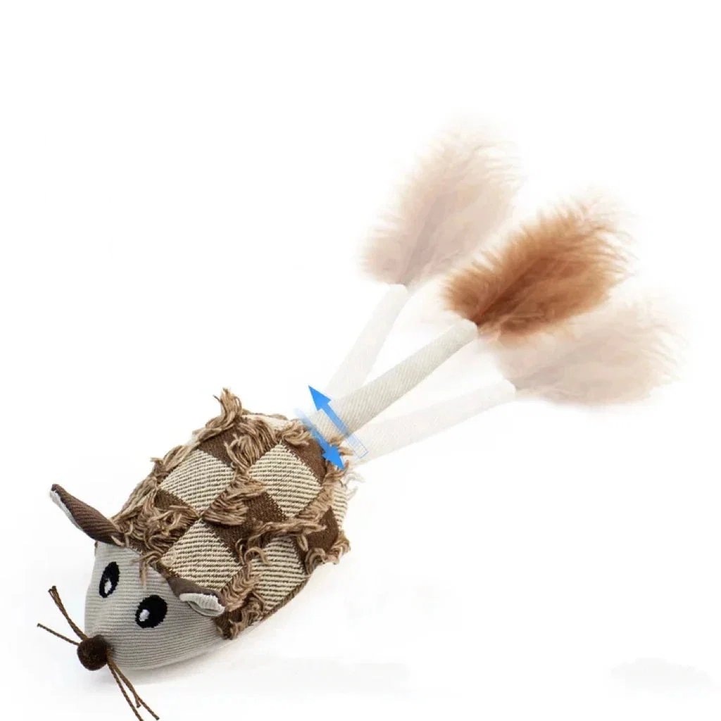 Interactive electric mouse cat toy with feather wand attachments on a white background