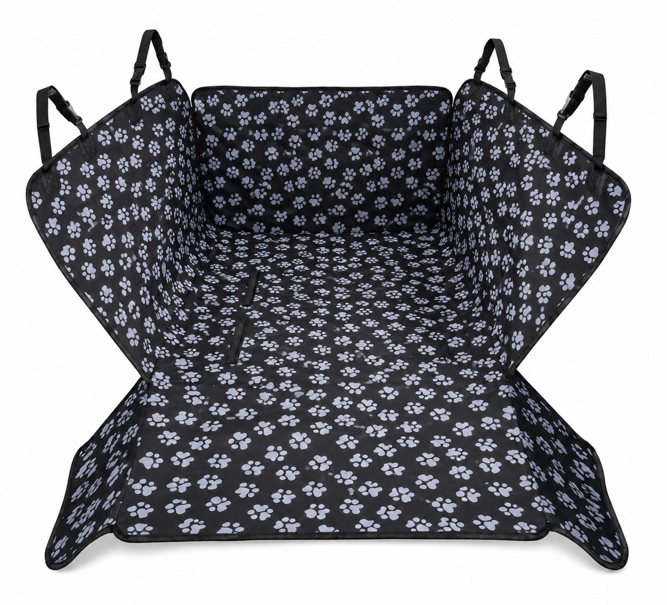 Essential Waterproof Dog Car Seat Cover, black paw print back seat hammock with headrest straps, on a white background
