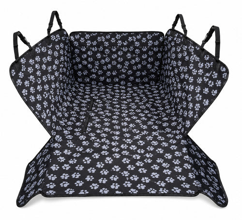 Essential Waterproof Dog Car Seat Cover, black paw print back seat hammock with headrest straps, on a white background