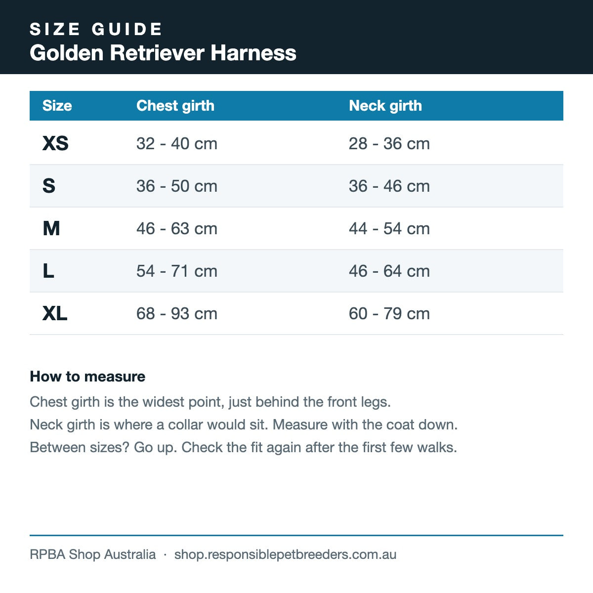 Golden Retriever harness size guide showing chest girth and neck girth in centimetres for sizes XS to XL