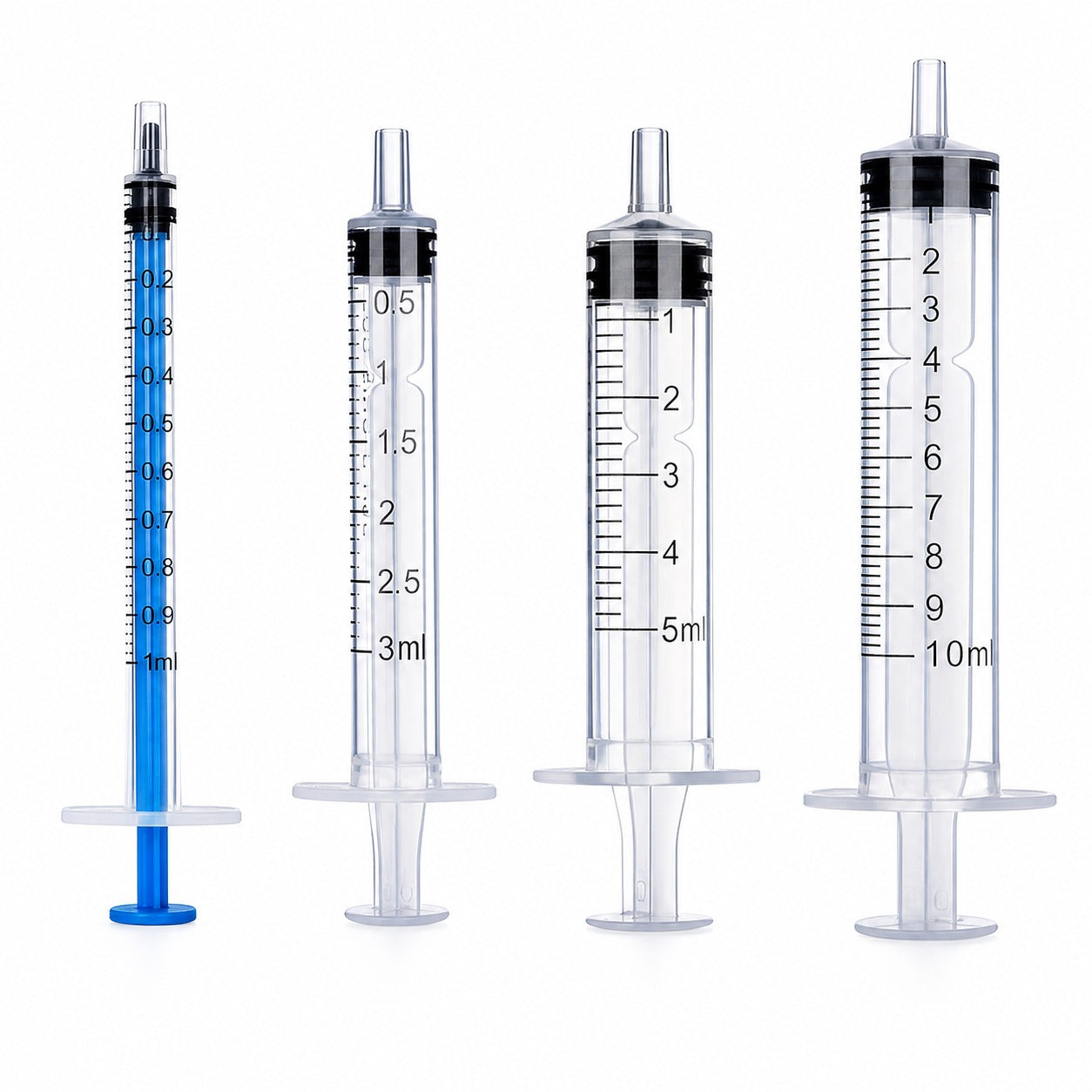 Multi-Purpose Liquid Dispenser with Cap, four graduated syringe dispensers from 1 ml to 10 ml, on a white background
