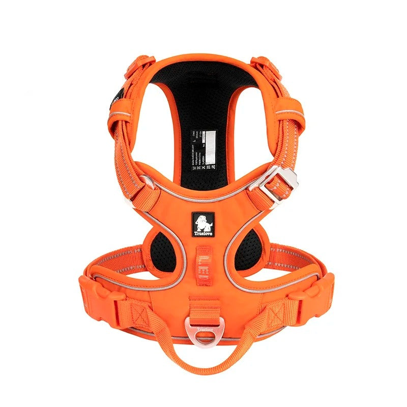 Padded dog travel harness in orange, front view