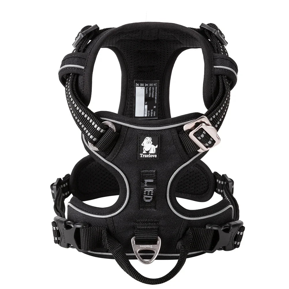 Padded dog travel harness, front view