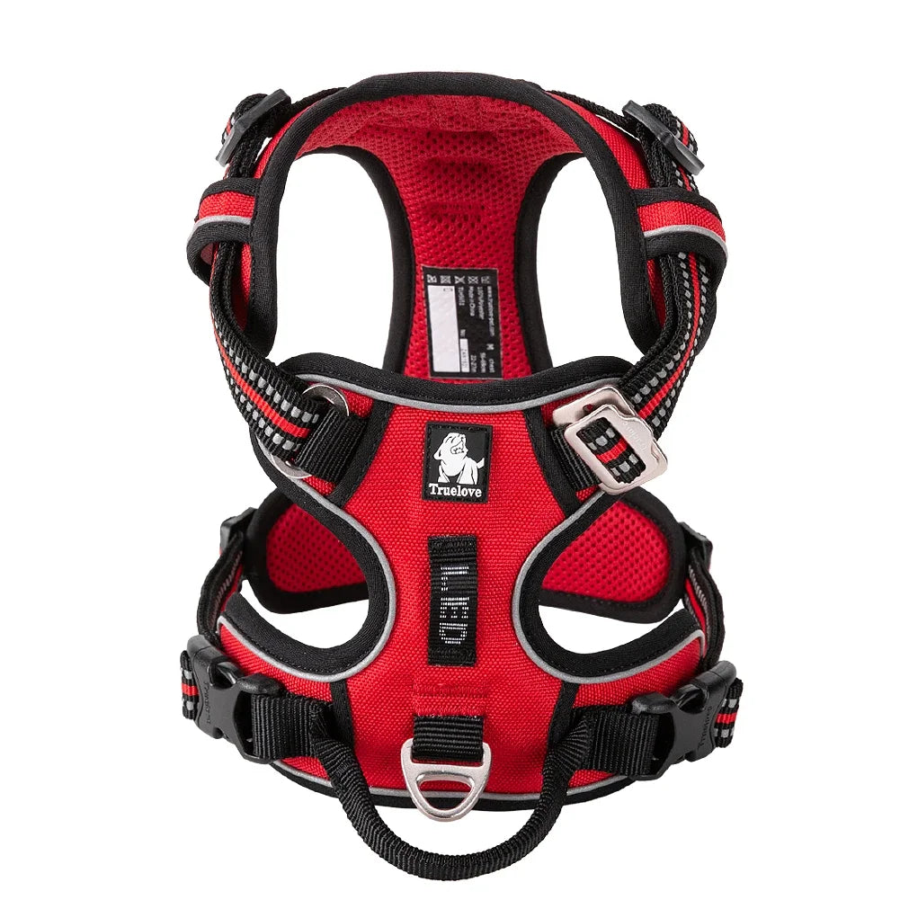 Padded dog travel harness in orange, front view on white