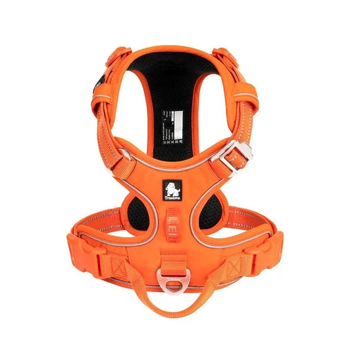 Padded dog travel harness in orange, front view on white