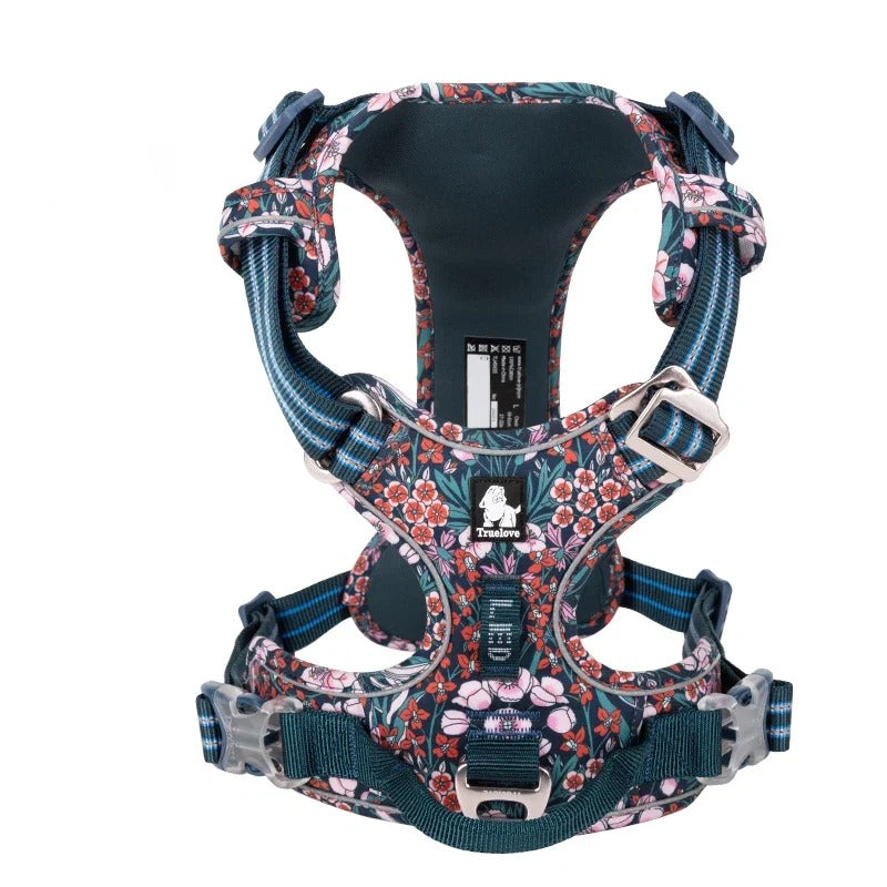 Patterned dog travel harness, front view