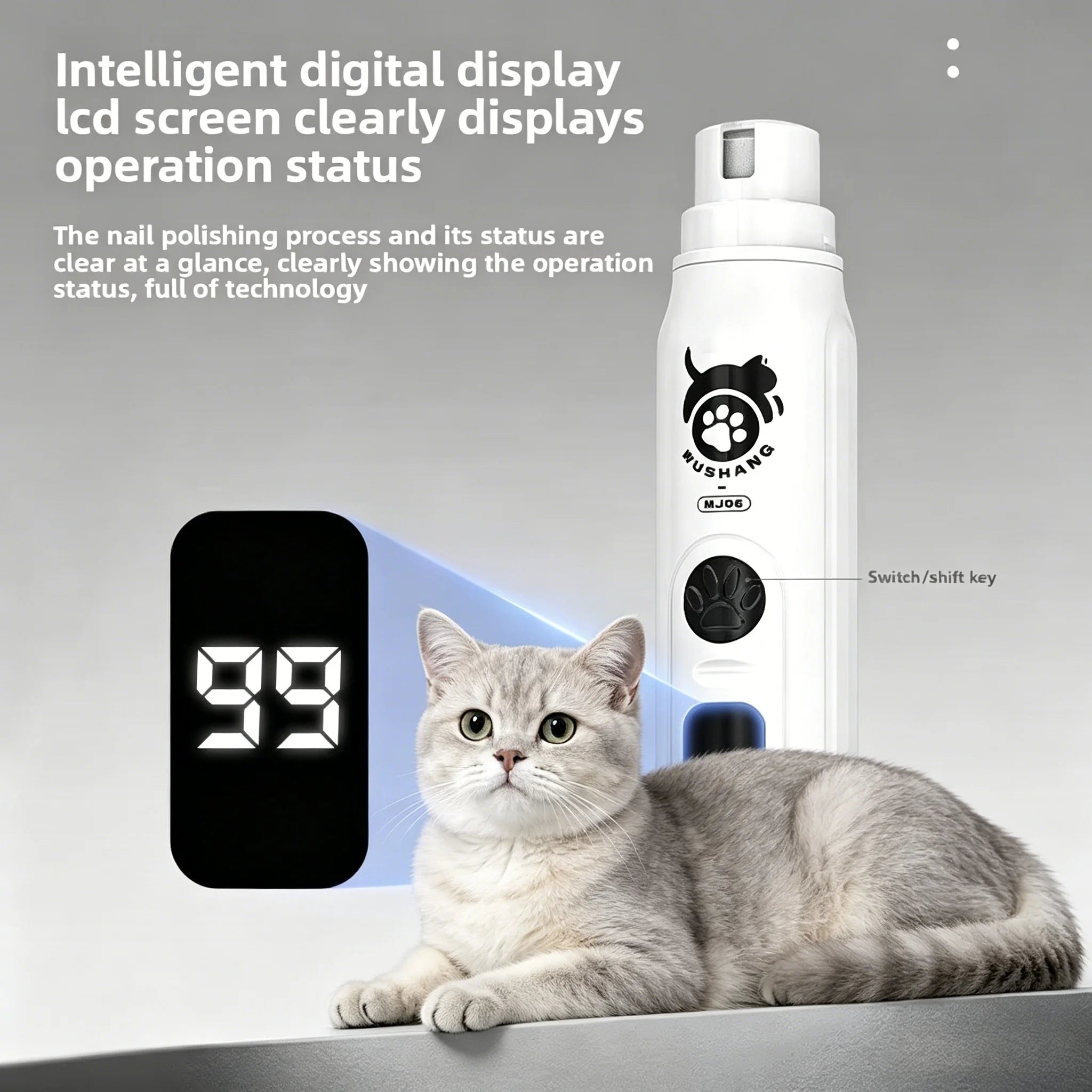 Pet nail grinder with LCD display showing speed and battery level