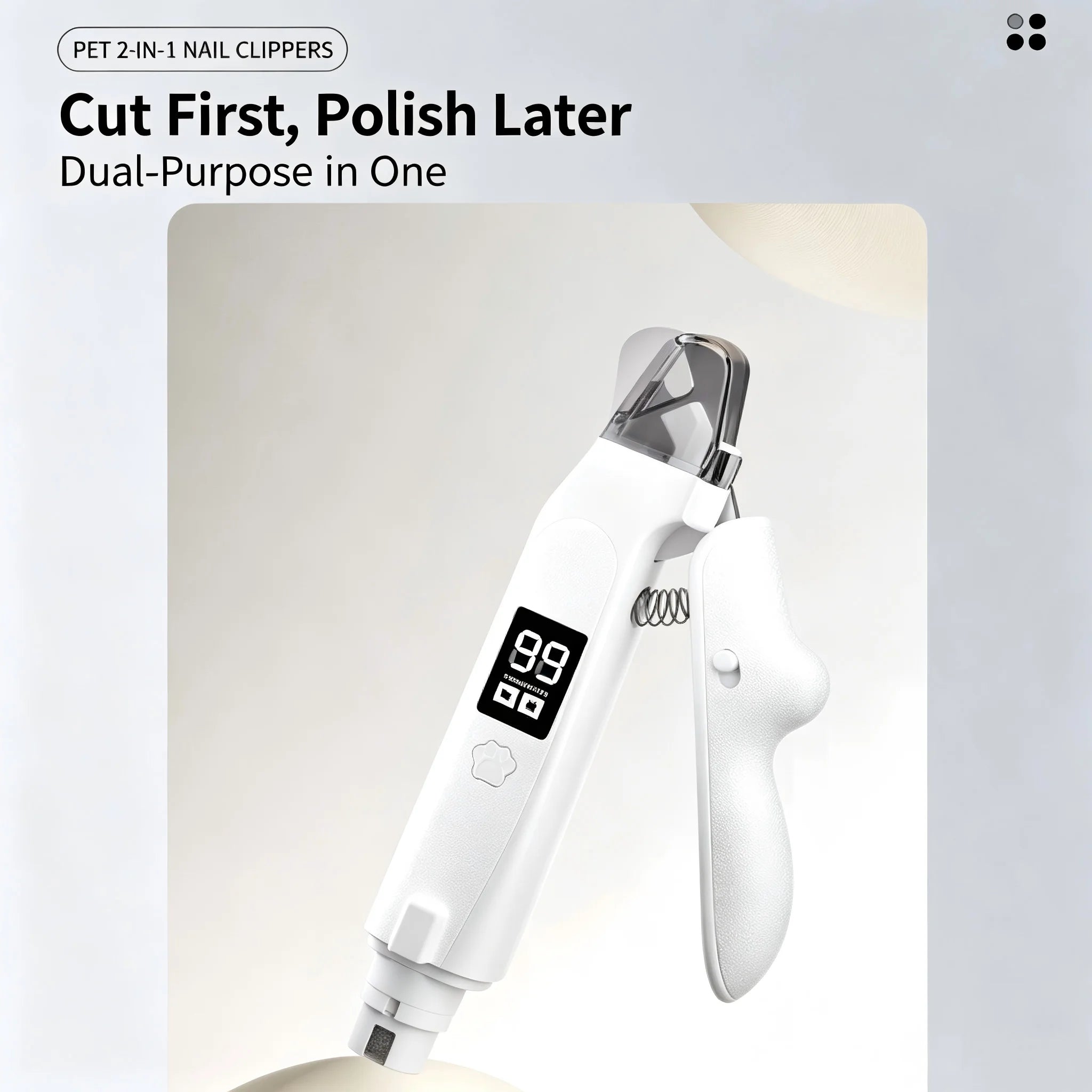 Dog paw held steady while nails are filed with the LCD grinder