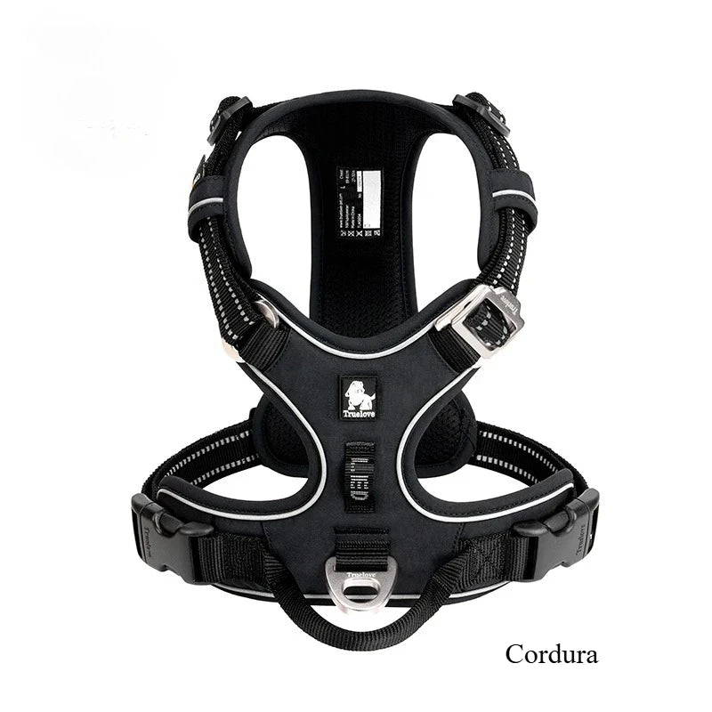 Reflective dog training harness in black, front view