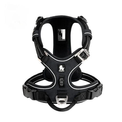 Reflective dog training harness in black, front view