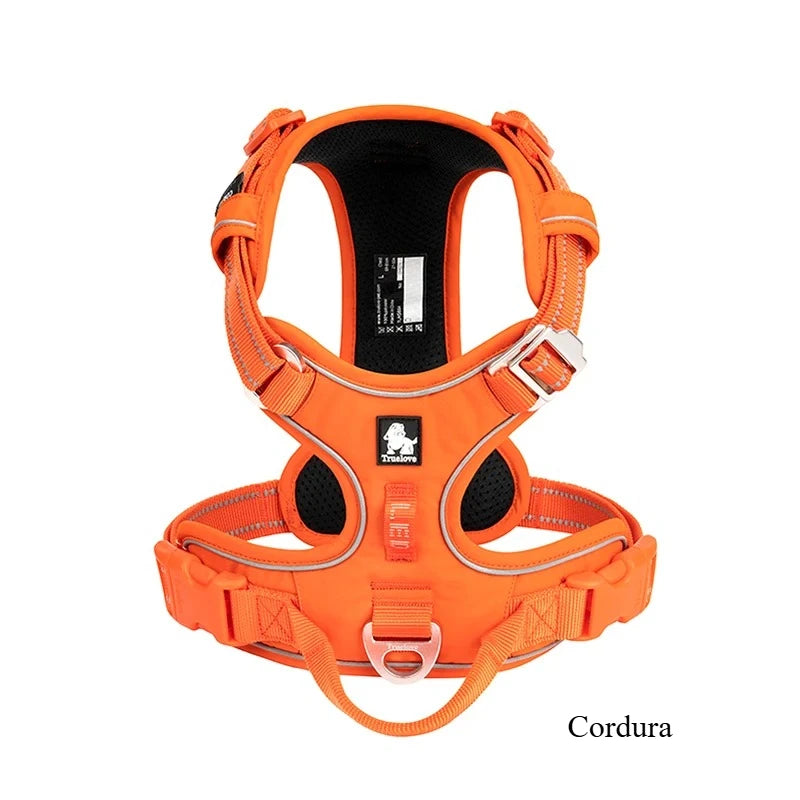 Reflective dog training harness in orange, front view