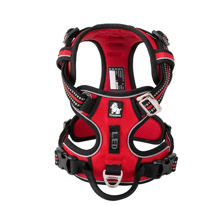 Reflective dog training harness in black, front view