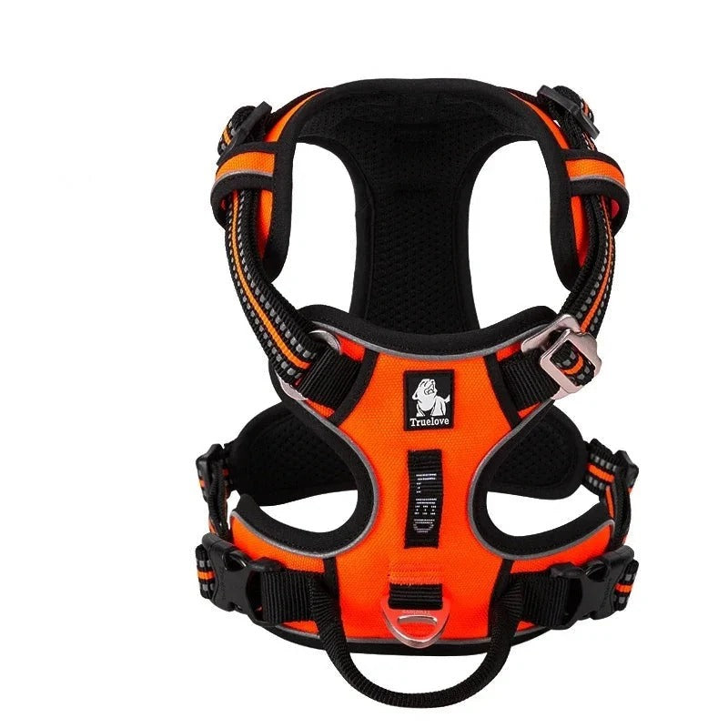Reflective no pull dog harness in orange and black, front view on white