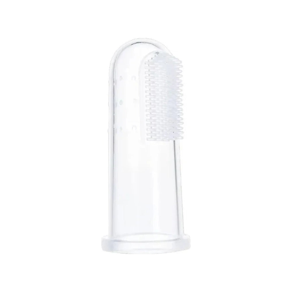 Clear silicone finger toothbrush standing upright on a white background, showing the soft nubbed brushing panel