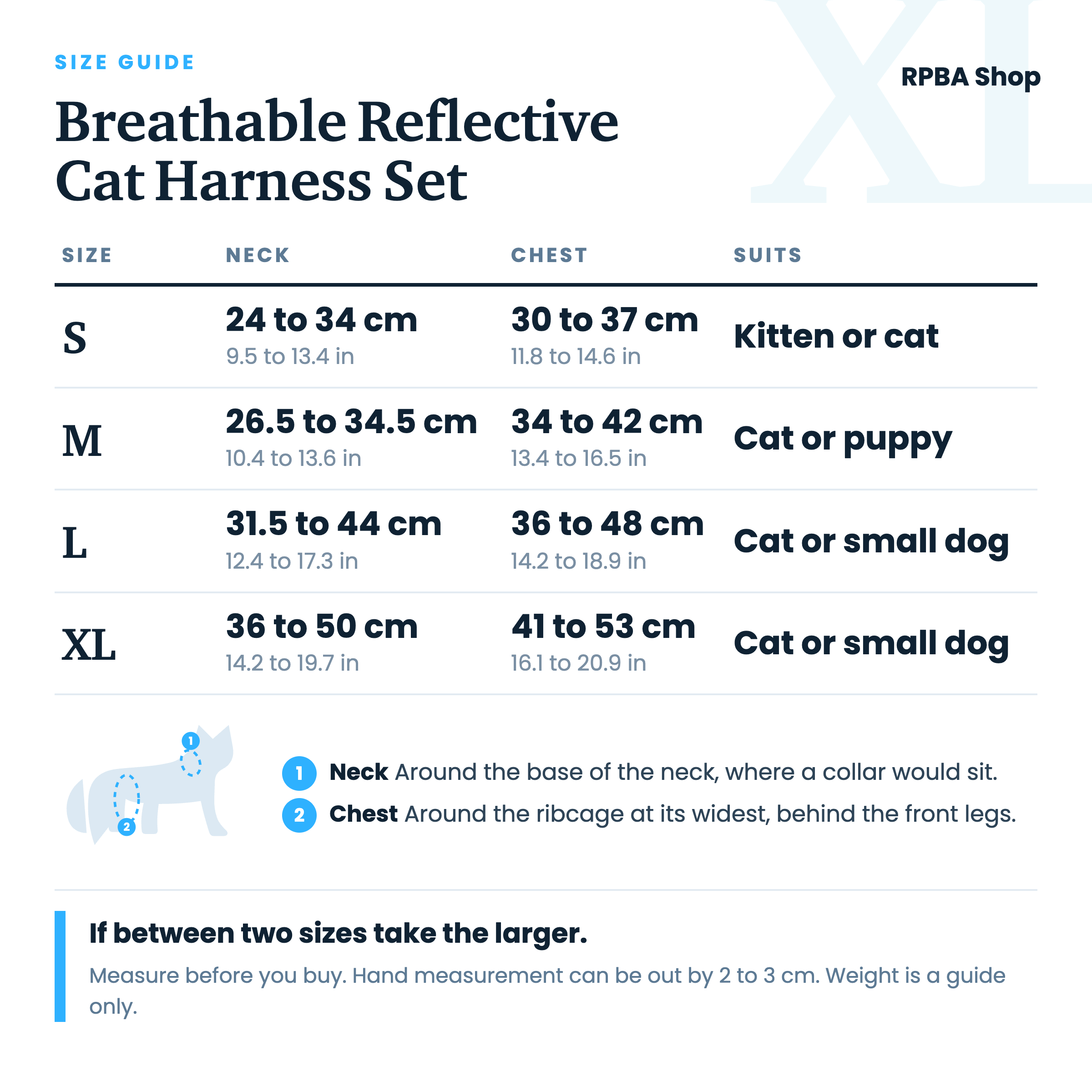 Size guide for the Breathable Reflective Cat Harness Set. Neck girth and chest girth for sizes S to XL in centimetres and inches.