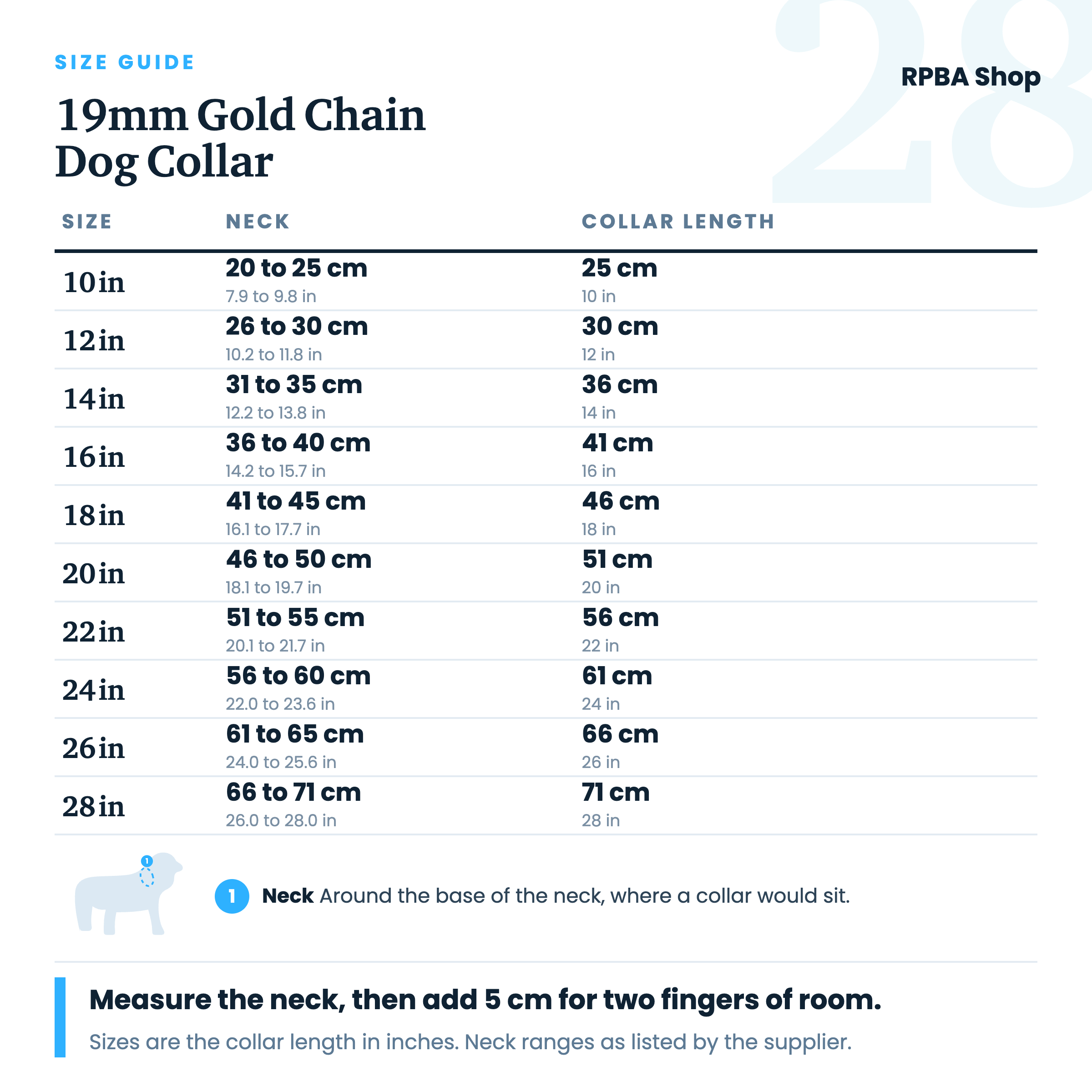 Size guide for the 19mm Gold Chain Dog Collar. Neck girth range for each collar length from 10 to 28 inches, in centimetres and inches.
