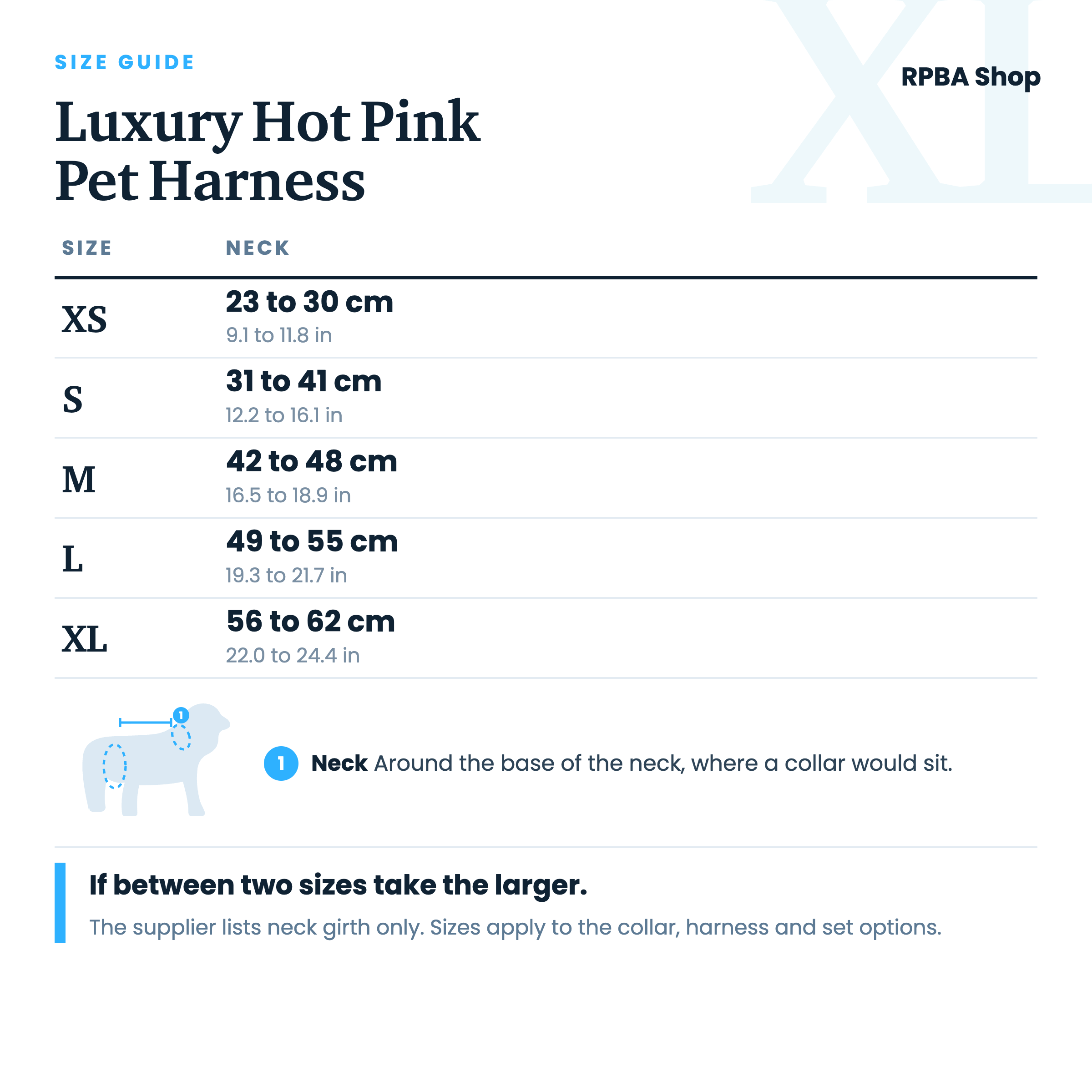 Size guide for the Luxury Hot Pink Pet Harness. Neck girth for sizes XS to XL in centimetres and inches.