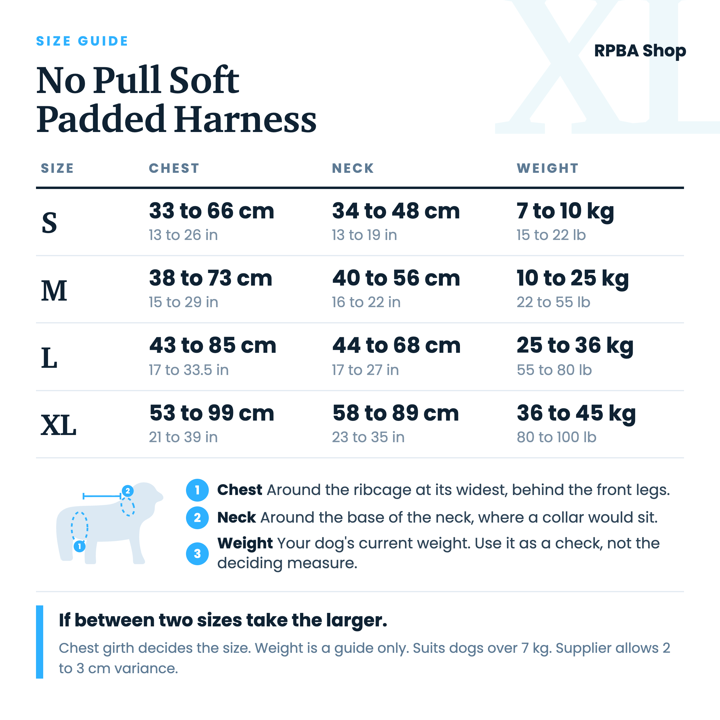 Size guide for the No Pull Soft Padded Dog Harness. Chest girth, neck girth and dog weight for sizes S to XL in centimetres, inches, kilograms and pounds.