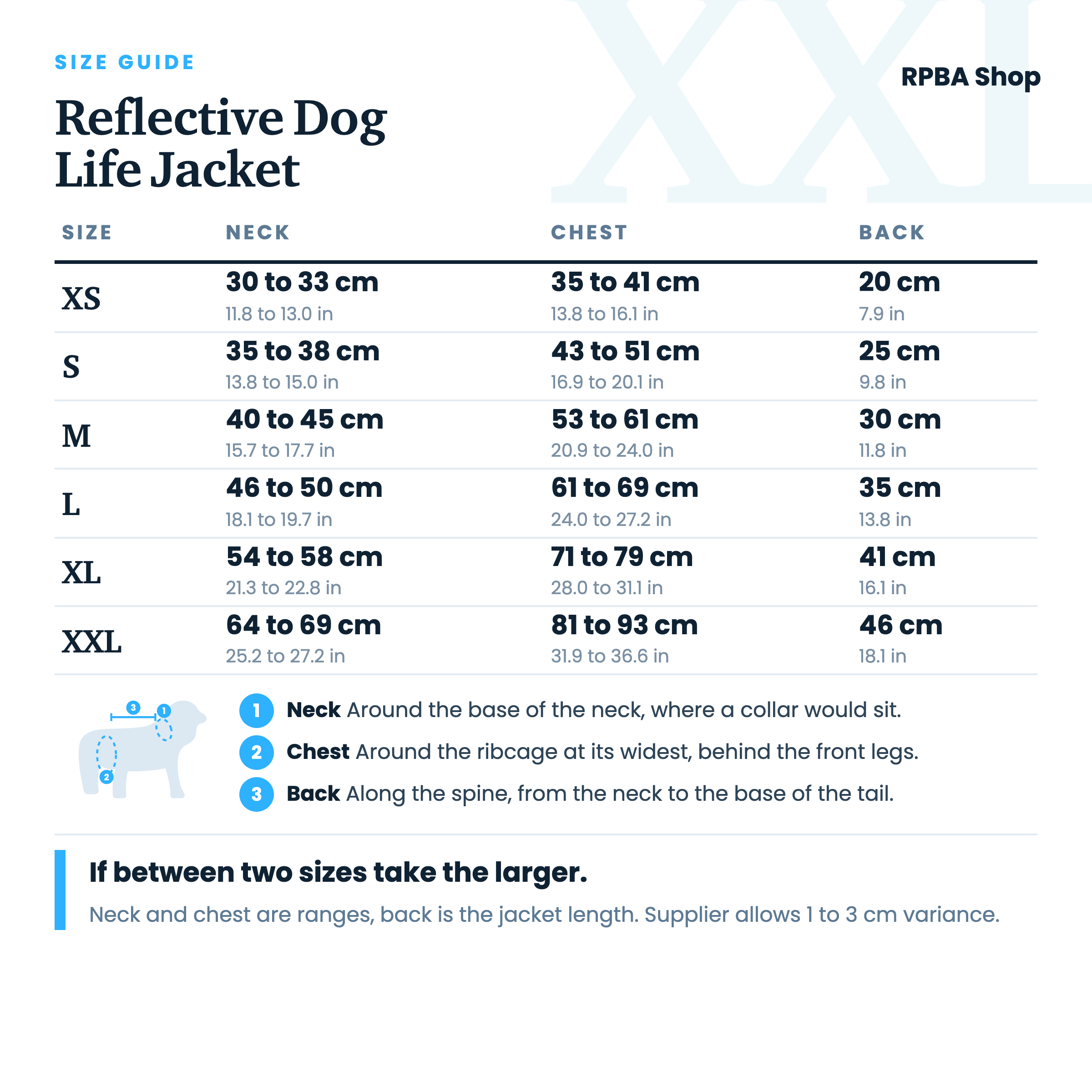 Size guide for the Reflective Dog Life Jacket. Neck, chest and back measurements in centimetres and inches for sizes XS to XXL.