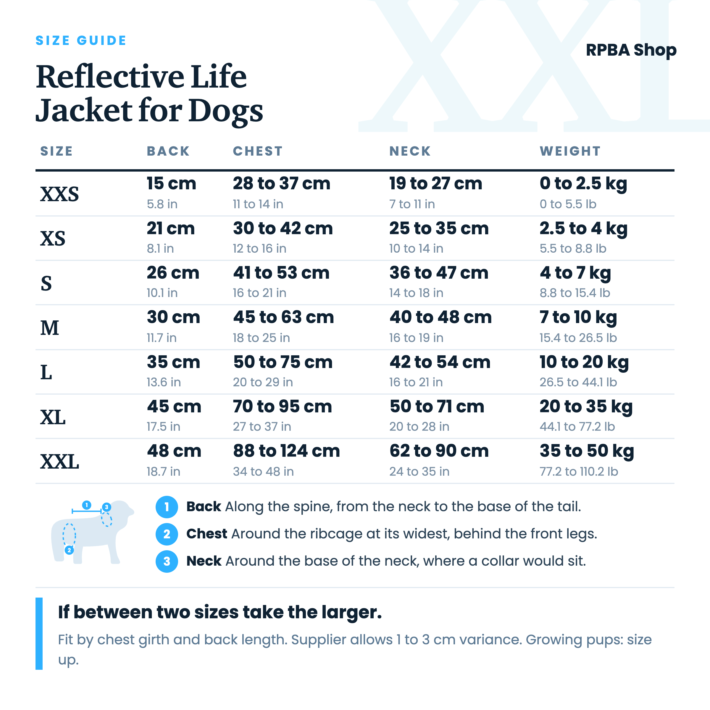 Size guide for the Reflective Life Jacket for Dogs. Back length, chest girth, neck girth and dog weight for sizes XXS to XXL in centimetres, inches, kilograms and pounds.