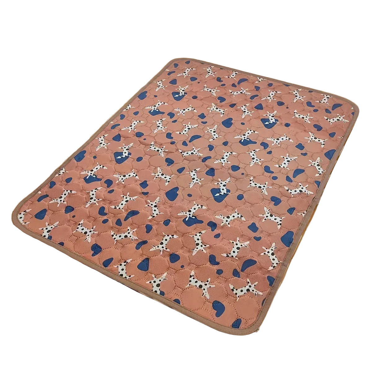 Rust quilted dog bed mat with white dog print and blue abstract pattern on a padded surface