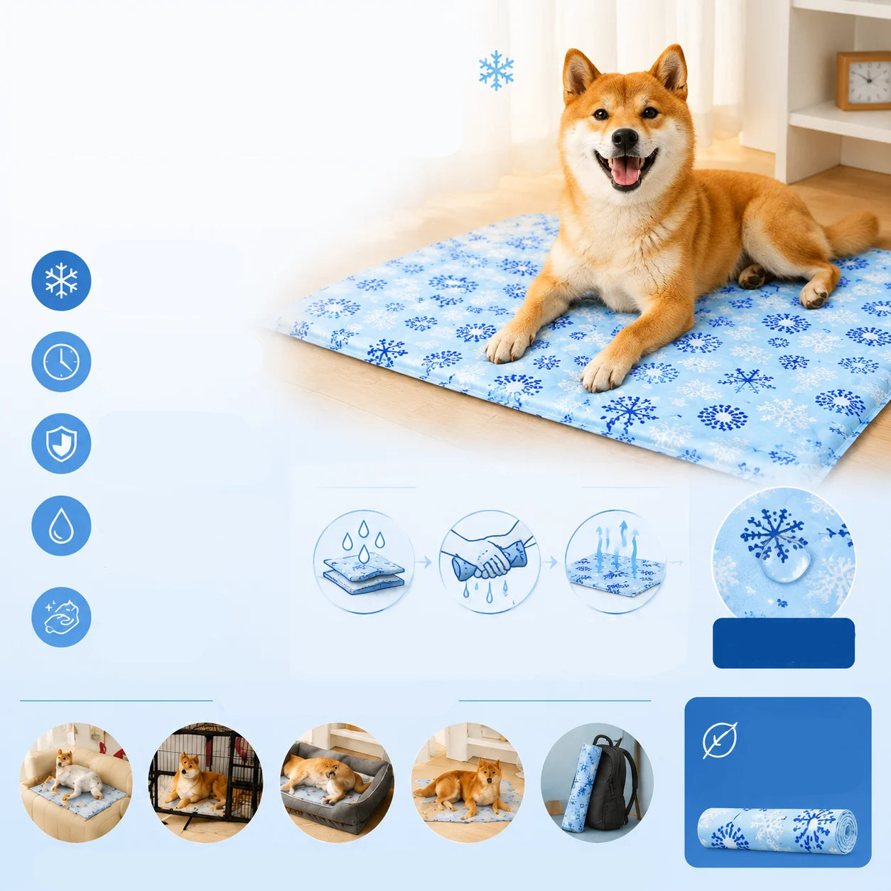 Blue pet cooling mat with snowflake print and quilted padded design