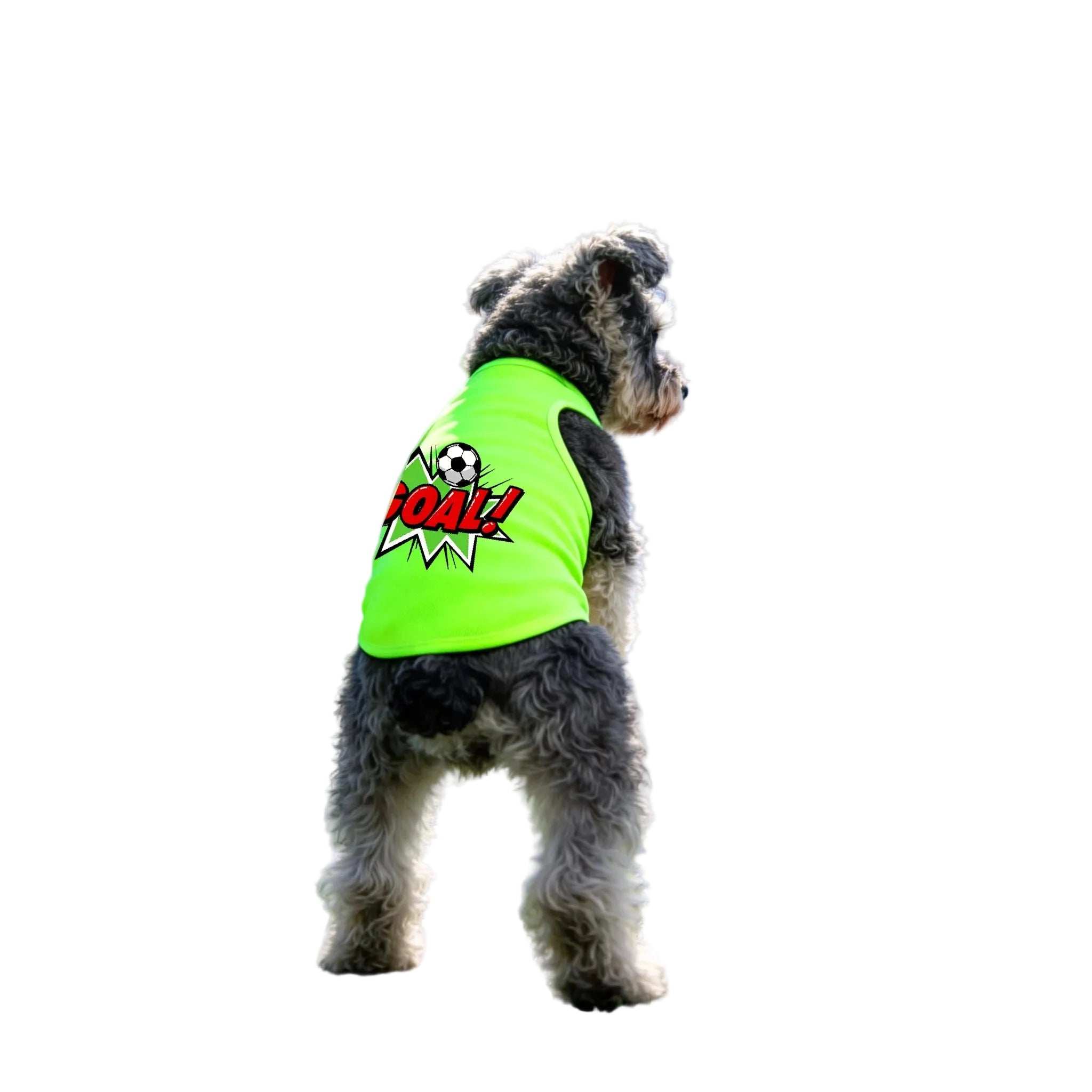Small dog standing in a bright green dog shirt with a soccer ball and GOAL graphic on the back