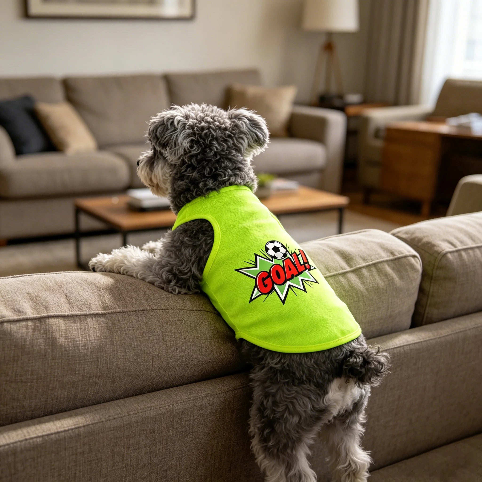 Small dog wearing a bright green dog shirt with a soccer ball and GOAL graphic on the back