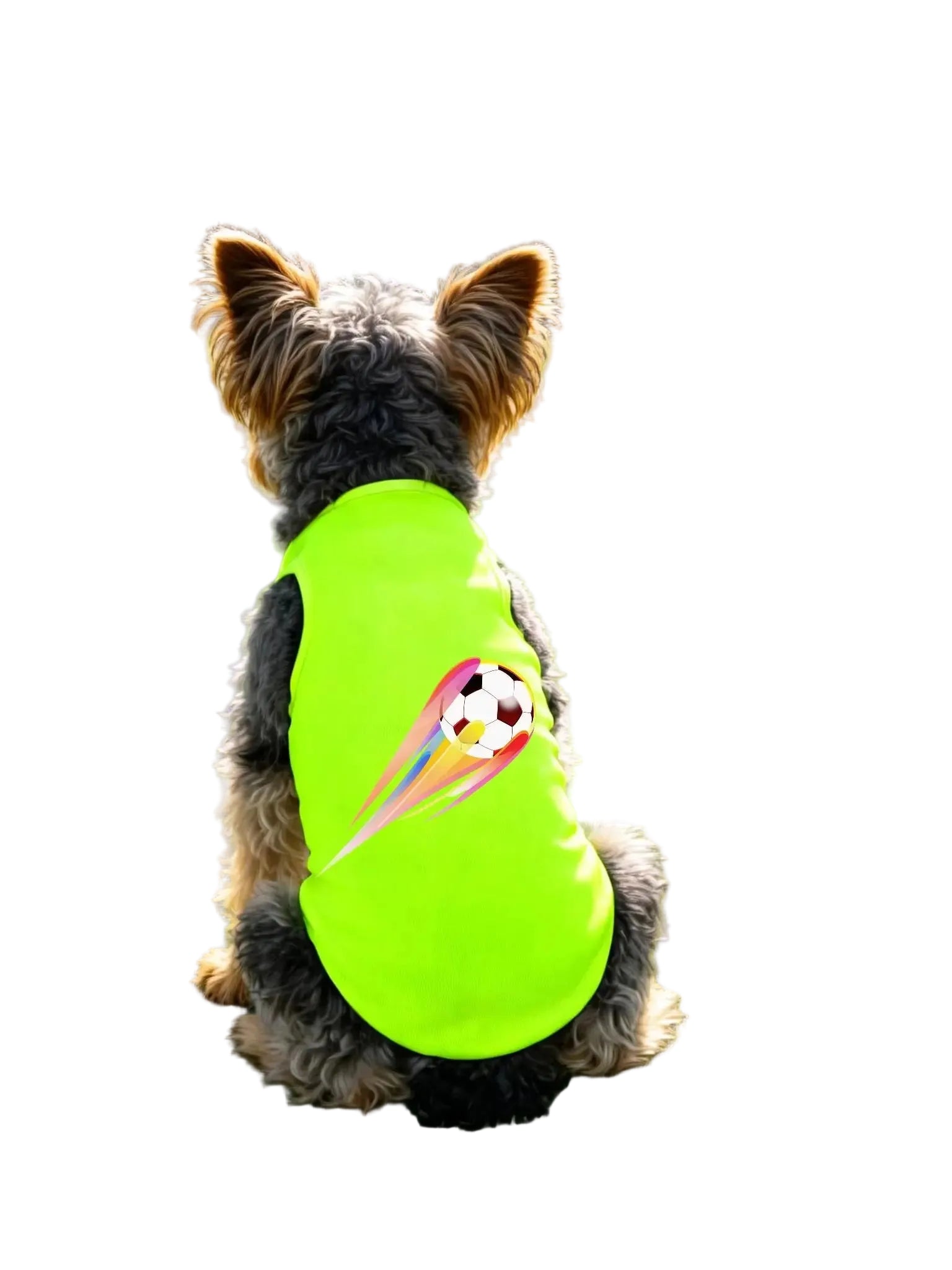 Small dog wearing a bright green dog shirt with a colourful soccer ball graphic on the back