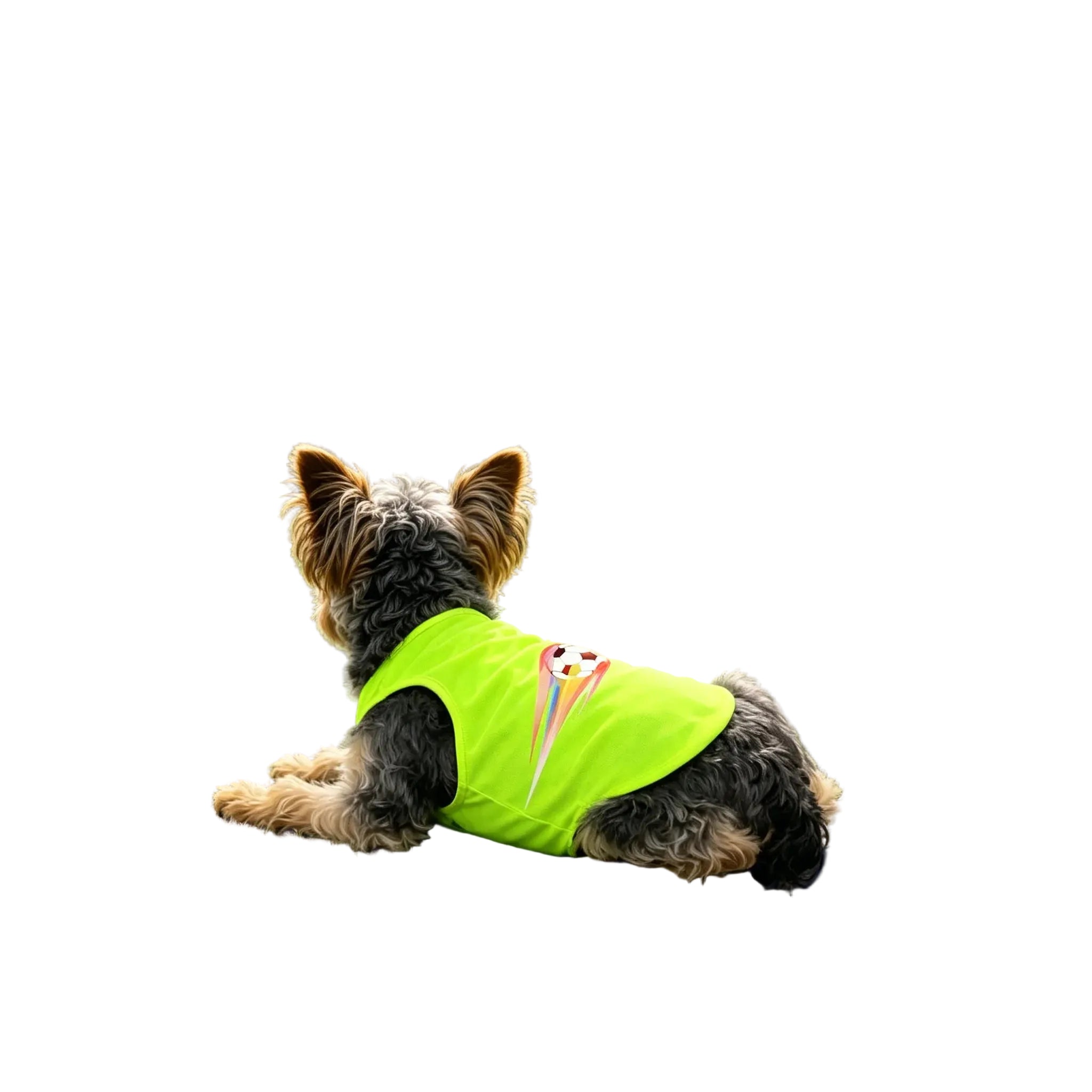 Small dog lying down while wearing a bright green dog shirt with a colourful soccer ball graphic on the back