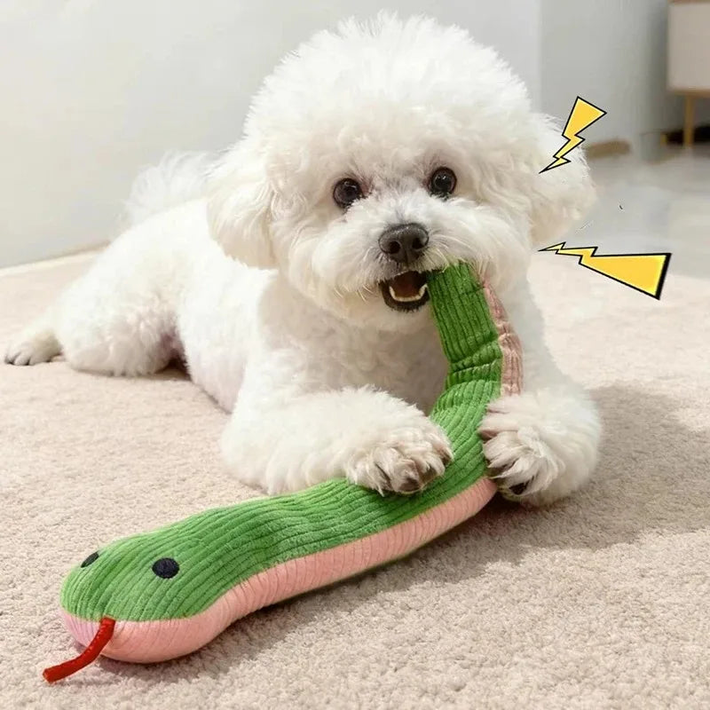 Small white dog playing with a green plush snake dog toy with ribbed fabric and soft body